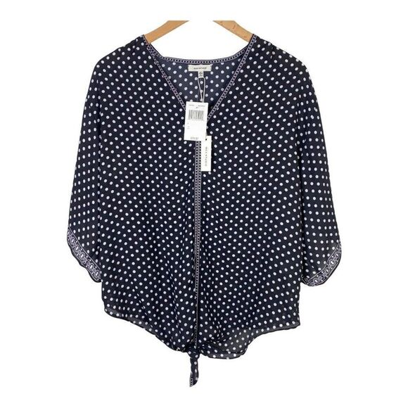 Max Studio Top Womens Medium Black Kimono Sleeve Tie Front Blouse VNeck Polkadot - Picture 1 of 8
